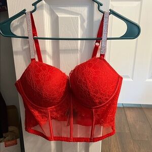 Victoria's Secret VERY SEXY Shine Strap Red Lace Push-Up Corset Top Bra-Size 36C